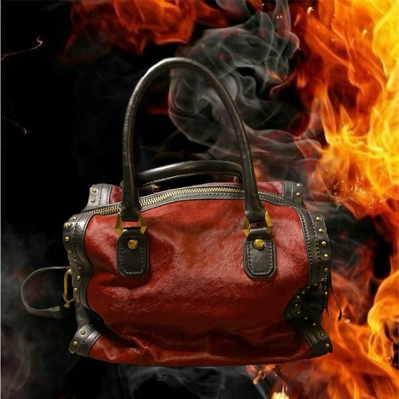 orYANY Burgundy Calf Hair Black Leather Satchel Shoulder Purse Handbag - Picture 3 of 14